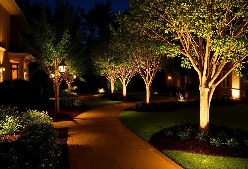 Landscape lighting along a garden path at night