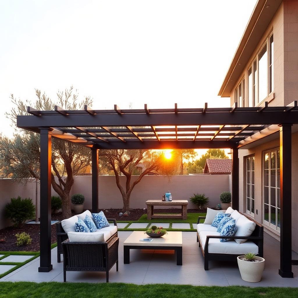 Steel pergola over an outdoor lounge