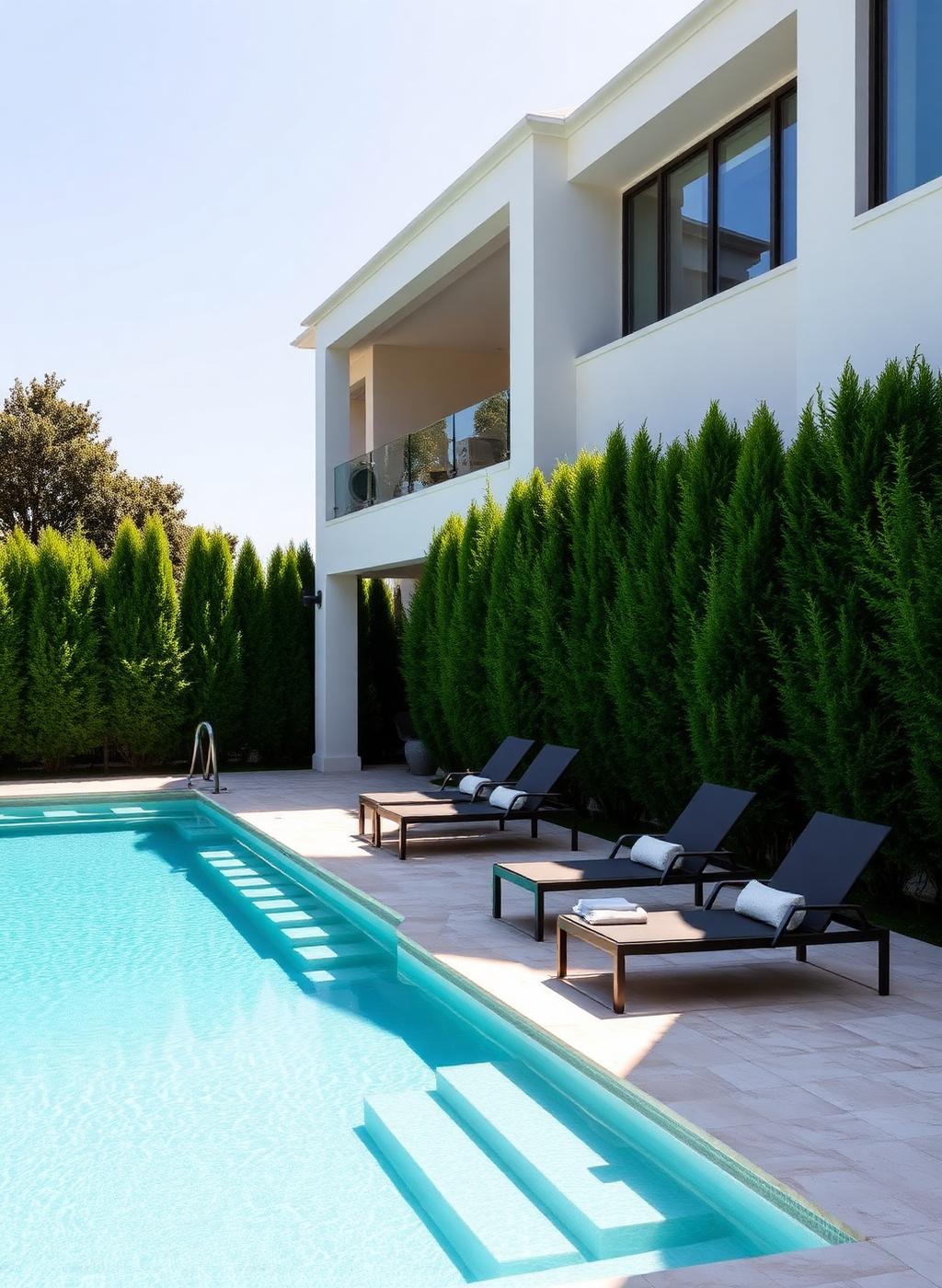 Luxury backyard swimming pool with loungers